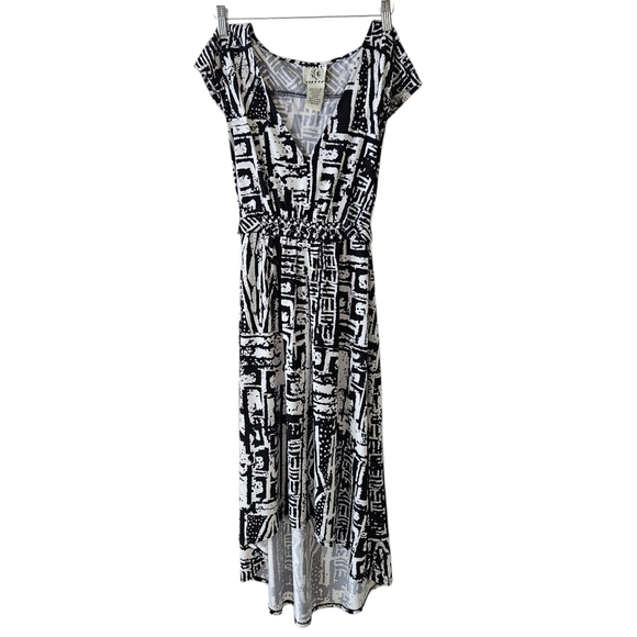 ICE Womens Hi-Low Beaded Waist Dress Size 14 Black White Abstract Short Sleeve - Picture 1 of 15